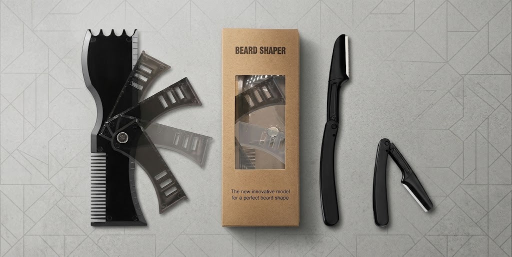 Șablon Profesional Rotativ 360° pentru Conturat Barba + Set Lame Contur